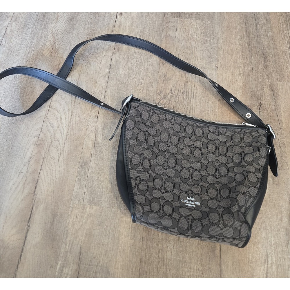 COACH Signature Dufflette Cross-body Shoulder Bag Black‎ Jacquard Leather Silver
